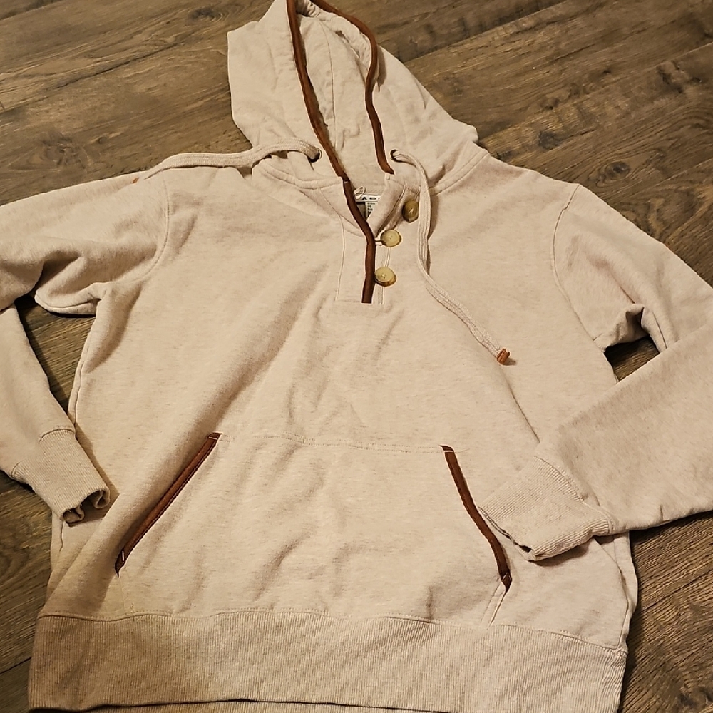 Ariat Hoodie Sweatshirt Tan Brown Trim Medium Women Soft Henley Pockets Soft